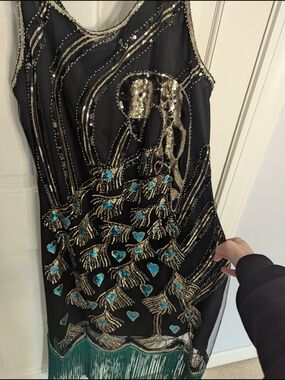 Unique Peacock Black And Gold Beading and Teal Fringe Size XL/14